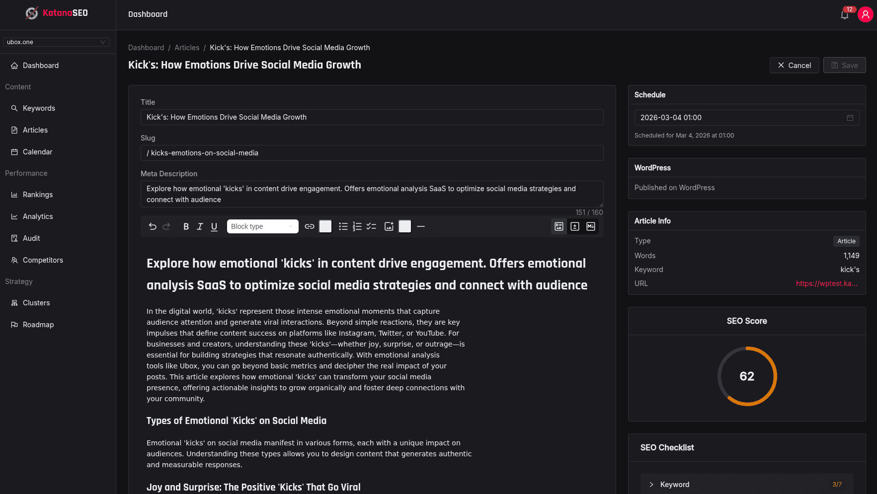 AI Article Generation — KatanaSEO screenshot